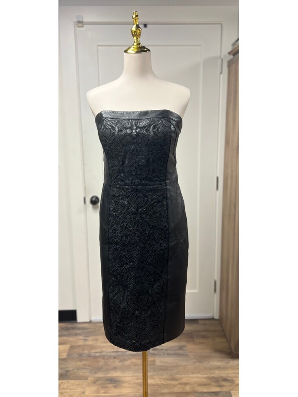 WHBM Black 100% Leather Strapless Embroidered Dress Size 12